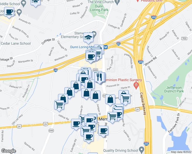 map of restaurants, bars, coffee shops, grocery stores, and more near 2726 Gallows Road in Vienna