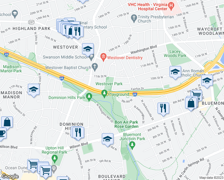 map of restaurants, bars, coffee shops, grocery stores, and more near 6908 North Fairfax Drive in Arlington
