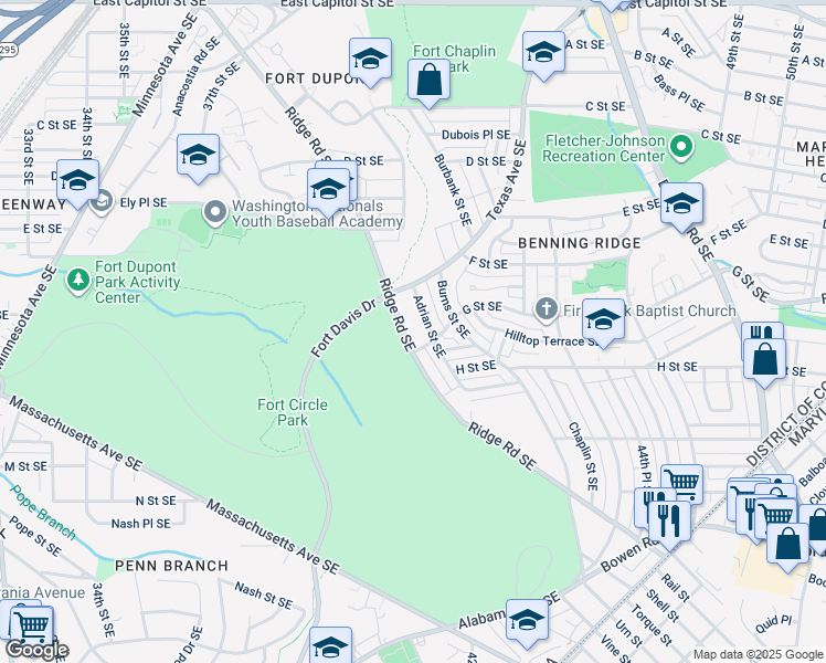 map of restaurants, bars, coffee shops, grocery stores, and more near 632 Ridge Road Southeast in Washington