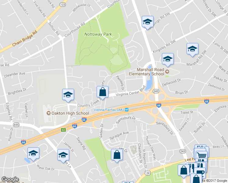map of restaurants, bars, coffee shops, grocery stores, and more near 9520 Lagersfield Circle in Vienna