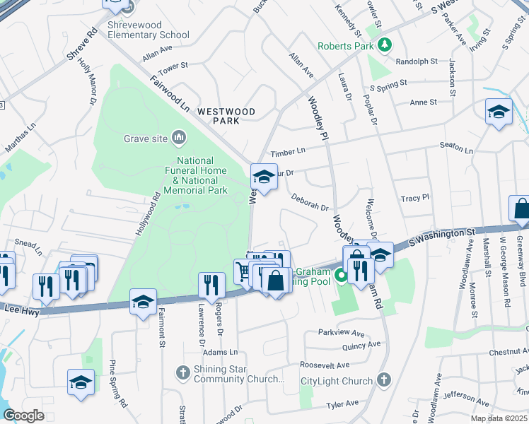 map of restaurants, bars, coffee shops, grocery stores, and more near 2737 West Street in Falls Church