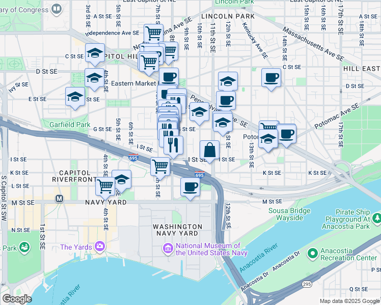 map of restaurants, bars, coffee shops, grocery stores, and more near 752 9th Street Southeast in Washington