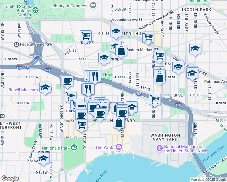 map of restaurants, bars, coffee shops, grocery stores, and more near 806 3rd Street Southeast in Washington