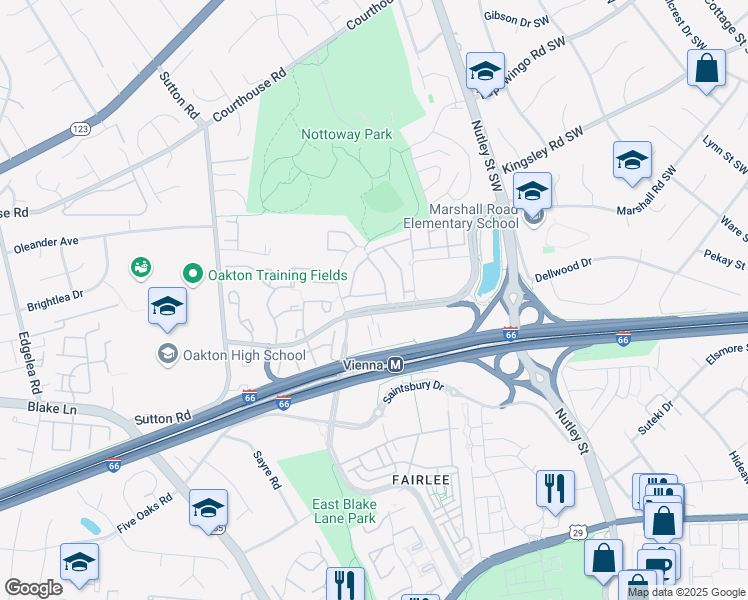 map of restaurants, bars, coffee shops, grocery stores, and more near 9520 Lagersfield Circle in Vienna