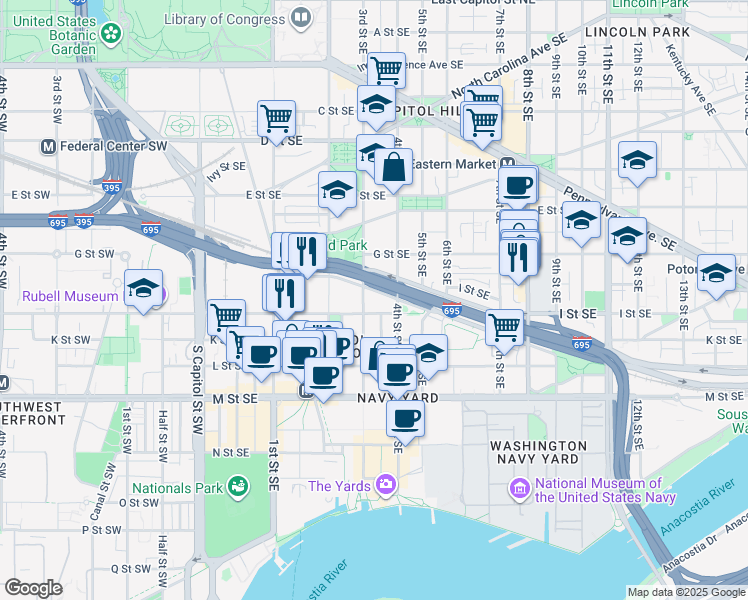 map of restaurants, bars, coffee shops, grocery stores, and more near 311 Virginia Avenue Southeast in Washington
