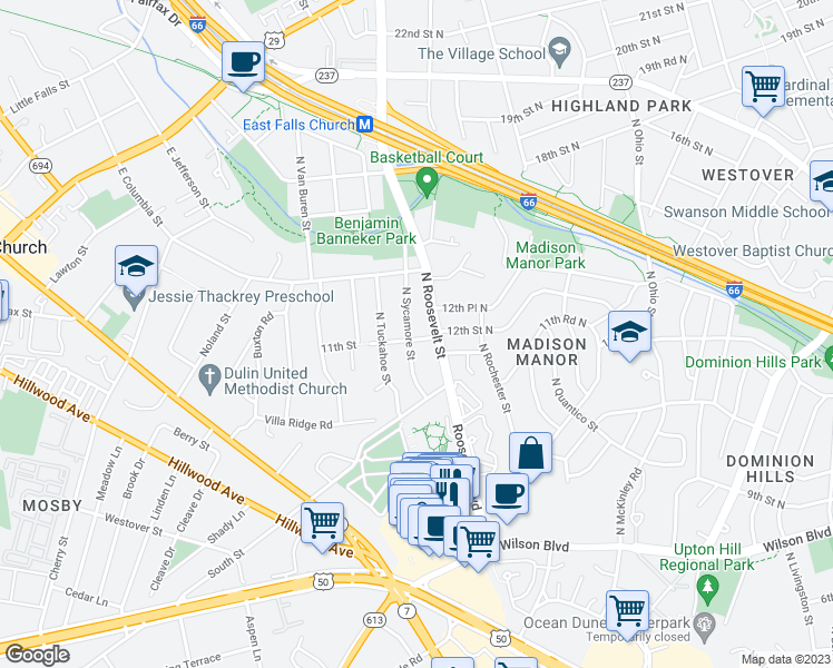 map of restaurants, bars, coffee shops, grocery stores, and more near 6411 11th Street North in Arlington