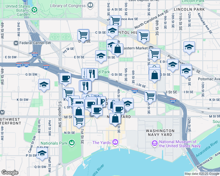 map of restaurants, bars, coffee shops, grocery stores, and more near 806 3rd Street Southeast in Washington