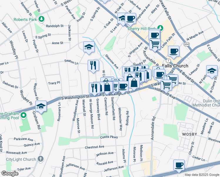 map of restaurants, bars, coffee shops, grocery stores, and more near 103 West Westmoreland Road in Falls Church