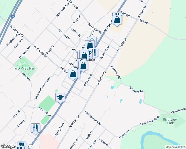 map of restaurants, bars, coffee shops, grocery stores, and more near 141 South Church Street in Woodstock