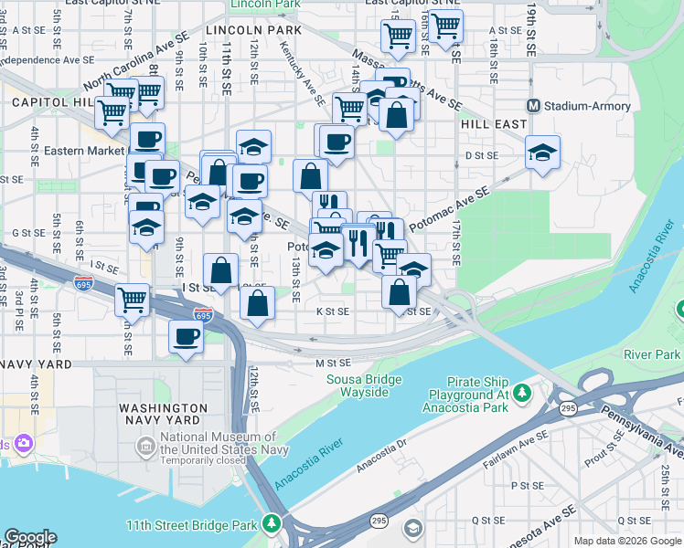 map of restaurants, bars, coffee shops, grocery stores, and more near 101 Independence Avenue Southeast in Washington