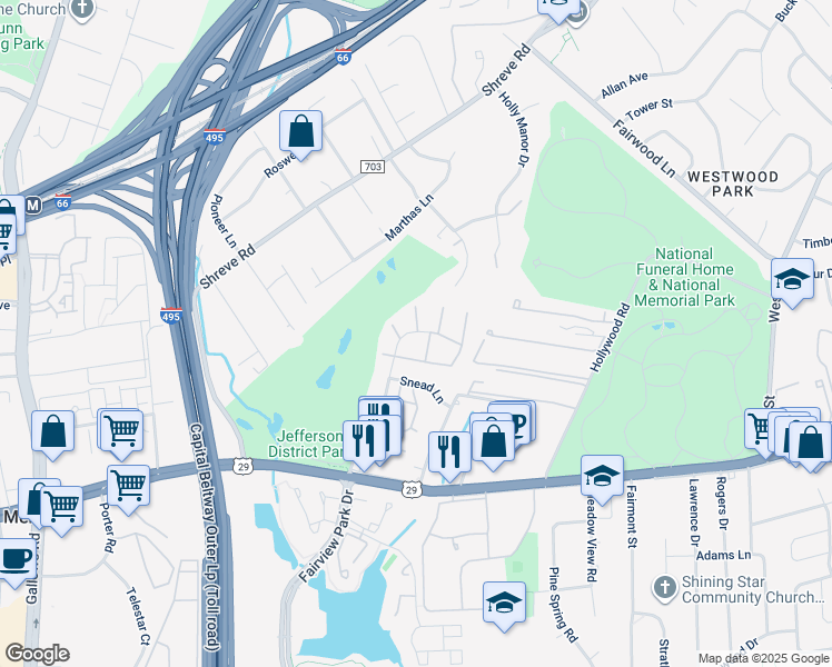 map of restaurants, bars, coffee shops, grocery stores, and more near 2731 Hyson Lane in Falls Church