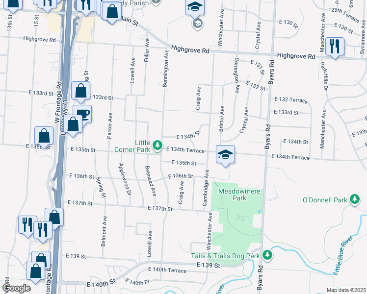 map of restaurants, bars, coffee shops, grocery stores, and more near 6624 East 134th Terrace in Grandview