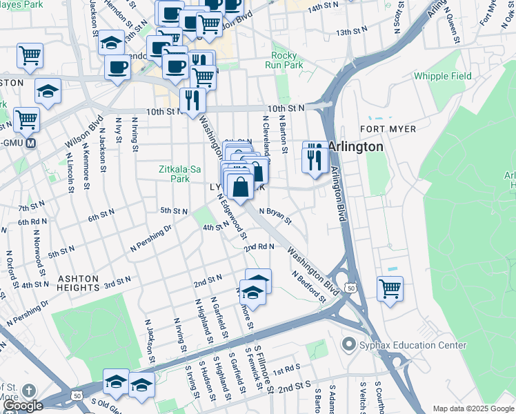 map of restaurants, bars, coffee shops, grocery stores, and more near 407 North Bryan Street in Arlington