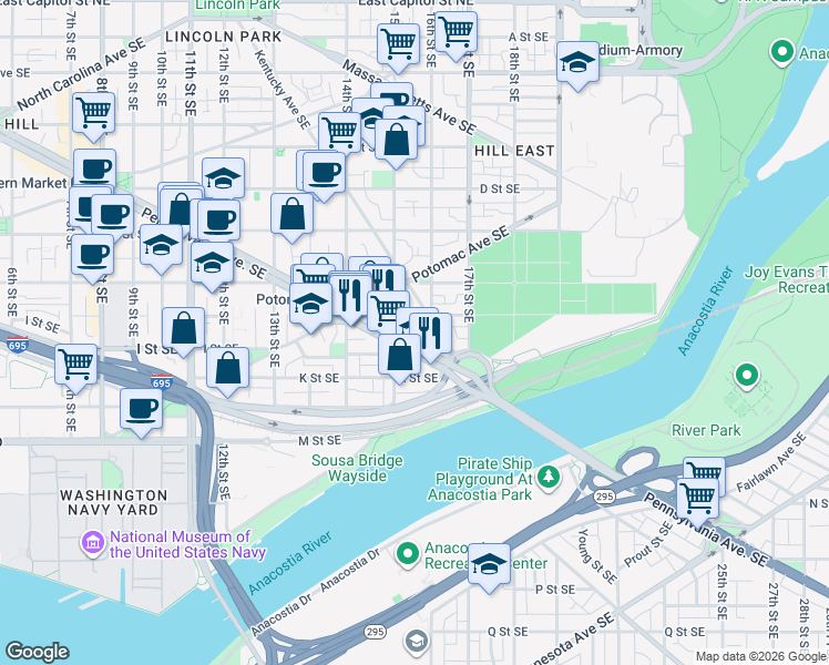 map of restaurants, bars, coffee shops, grocery stores, and more near 101 Independence Avenue Southeast in Washington