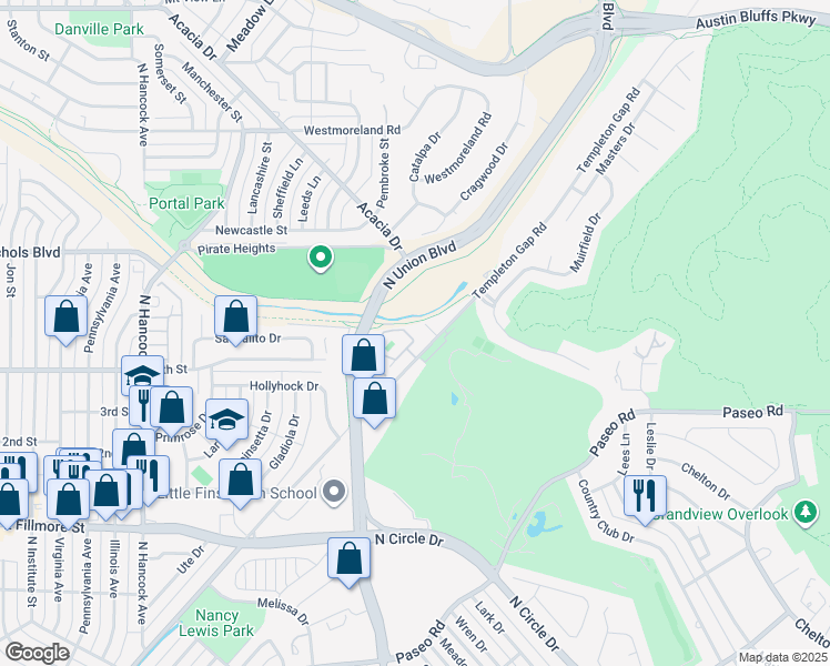 map of restaurants, bars, coffee shops, grocery stores, and more near 3330 Templeton Gap Road in Colorado Springs