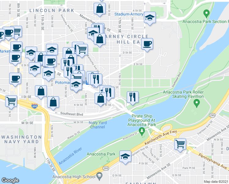 map of restaurants, bars, coffee shops, grocery stores, and more near 101 Independence Avenue Southeast in Washington