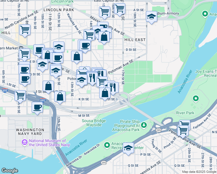 map of restaurants, bars, coffee shops, grocery stores, and more near 101 Independence Avenue Southeast in Washington