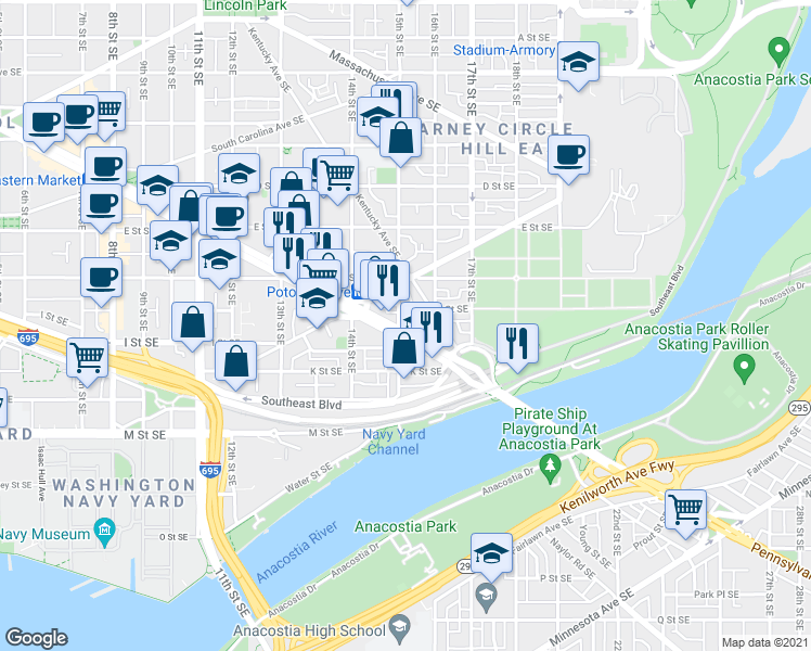 map of restaurants, bars, coffee shops, grocery stores, and more near 101 Independence Avenue Southeast in Washington