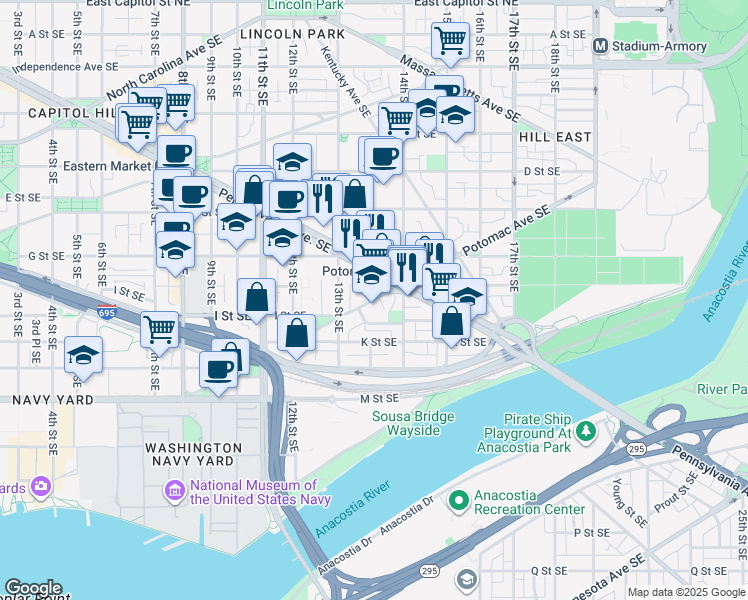 map of restaurants, bars, coffee shops, grocery stores, and more near 101 Independence Avenue Southeast in Washington