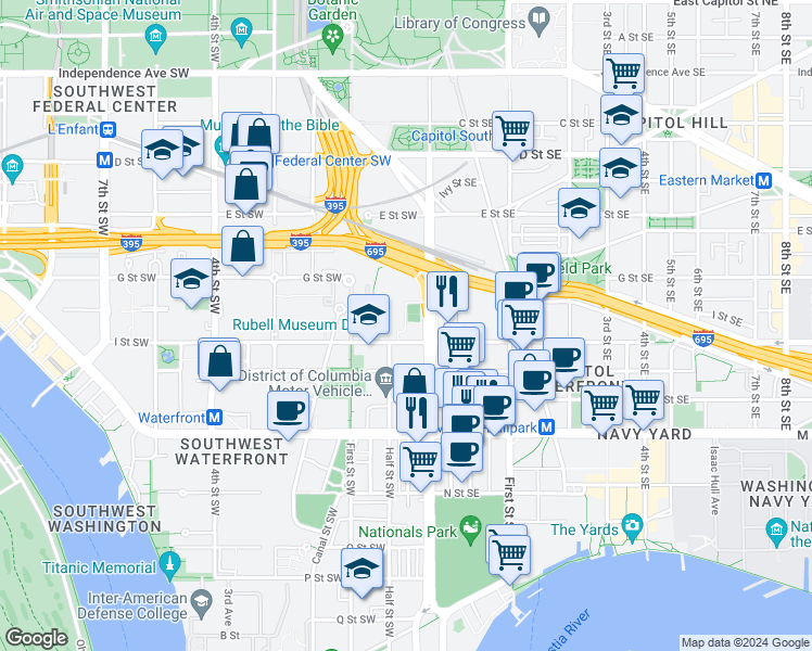 map of restaurants, bars, coffee shops, grocery stores, and more near 101 Independence Avenue Southeast in Washington