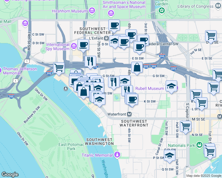 map of restaurants, bars, coffee shops, grocery stores, and more near 101 Independence Avenue Southeast in Washington