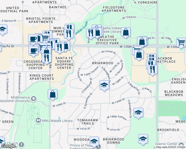 map of restaurants, bars, coffee shops, grocery stores, and more near 16010 West Beckett Lane in Olathe