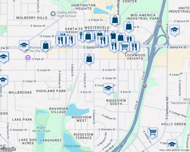 map of restaurants, bars, coffee shops, grocery stores, and more near 1009 East Loula Street in Olathe