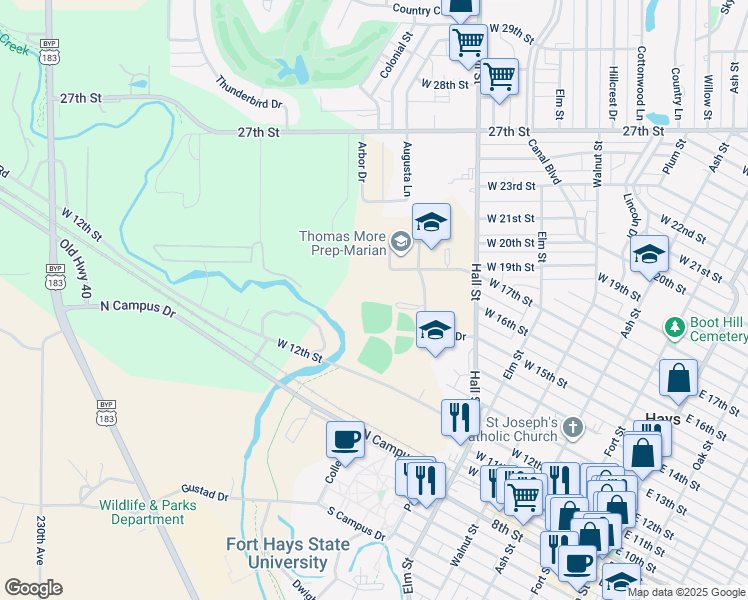 map of restaurants, bars, coffee shops, grocery stores, and more near 1701 Hall Street in Hays