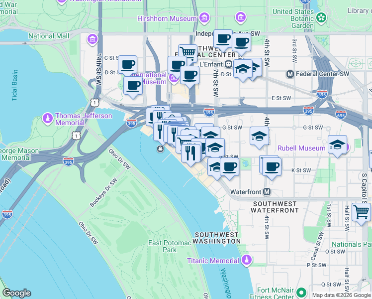 map of restaurants, bars, coffee shops, grocery stores, and more near 800 Maine Avenue Southwest in Washington