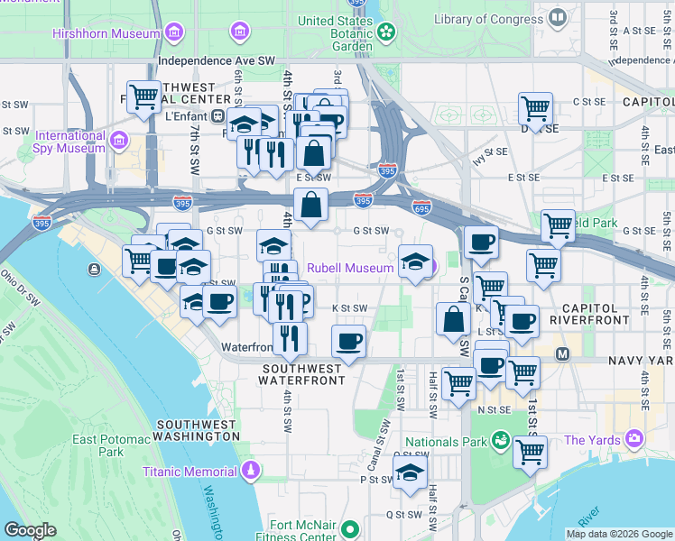 map of restaurants, bars, coffee shops, grocery stores, and more near 101 Independence Avenue Southeast in Washington
