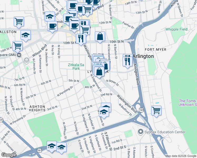 map of restaurants, bars, coffee shops, grocery stores, and more near 2710 Washington Boulevard in Arlington