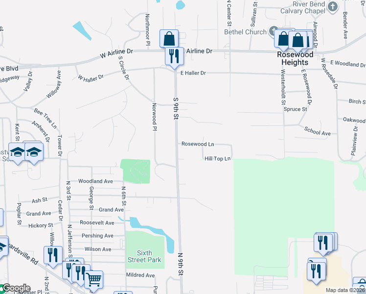 map of restaurants, bars, coffee shops, grocery stores, and more near 260 South 9th Street in East Alton