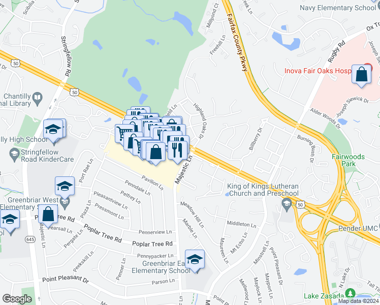 map of restaurants, bars, coffee shops, grocery stores, and more near 4006 Majestic Lane in Fairfax
