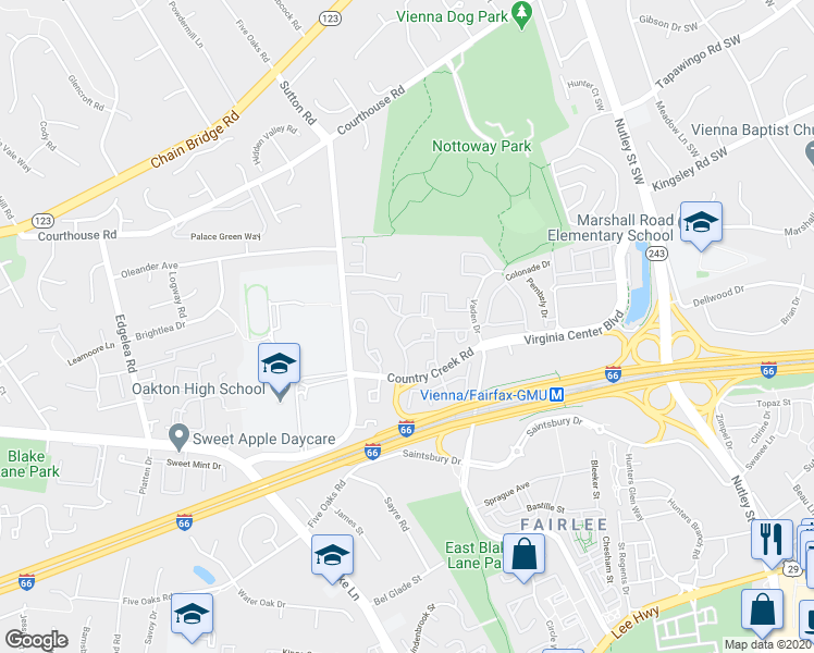 map of restaurants, bars, coffee shops, grocery stores, and more near 2905 Village Spring Lane in Vienna