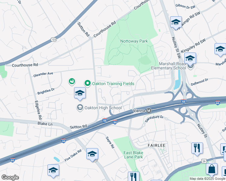 map of restaurants, bars, coffee shops, grocery stores, and more near 2905 Village Spring Lane in Vienna