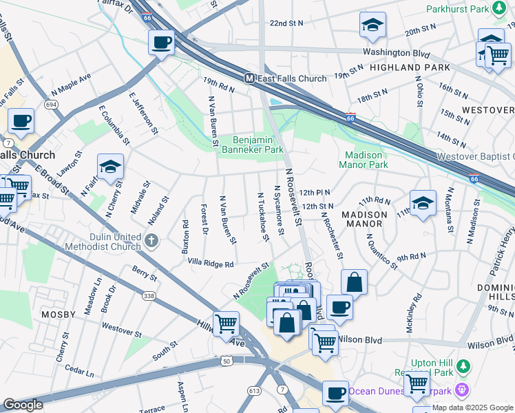 map of restaurants, bars, coffee shops, grocery stores, and more near 1104 North Tuckahoe Street in Falls Church