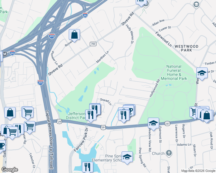 map of restaurants, bars, coffee shops, grocery stores, and more near Hyson Ln & Middlecoff Pl in Idylwood