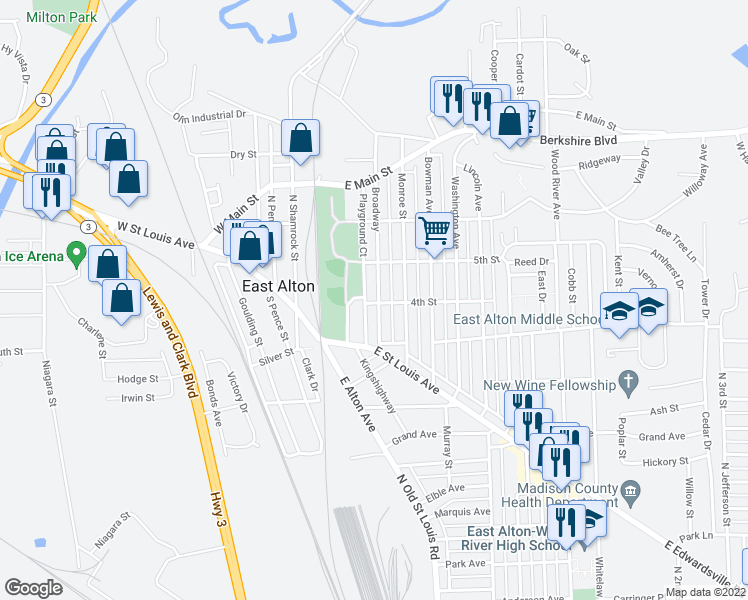 map of restaurants, bars, coffee shops, grocery stores, and more near 29 4th Street in East Alton