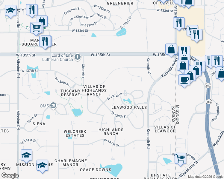 map of restaurants, bars, coffee shops, grocery stores, and more near 13645 Belinder Street in Overland Park