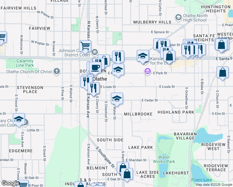 map of restaurants, bars, coffee shops, grocery stores, and more near 210 South Water Street in Olathe