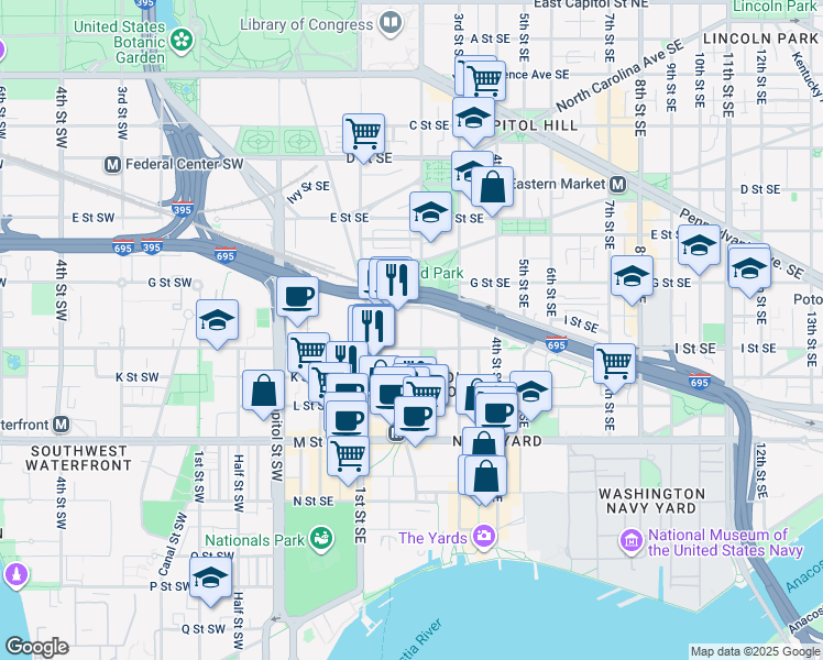 map of restaurants, bars, coffee shops, grocery stores, and more near 101 Independence Avenue Southeast in Washington