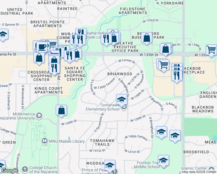 map of restaurants, bars, coffee shops, grocery stores, and more near 16010 West Beckett Lane in Olathe