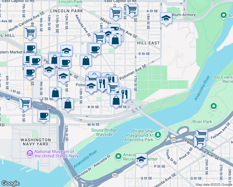 map of restaurants, bars, coffee shops, grocery stores, and more near 1500 Pennsylvania Avenue Southeast in Washington