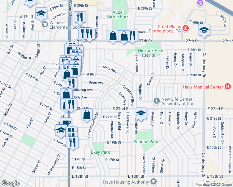 map of restaurants, bars, coffee shops, grocery stores, and more near 2302 General Custer Road in Hays