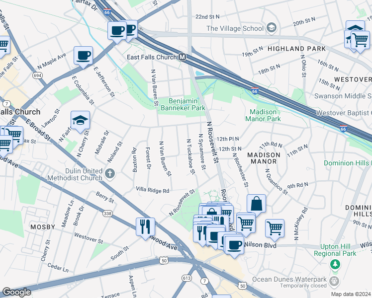 map of restaurants, bars, coffee shops, grocery stores, and more near 1104 North Tuckahoe Street in Falls Church