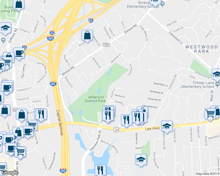 map of restaurants, bars, coffee shops, grocery stores, and more near 2778 Sikes Court in Falls Church