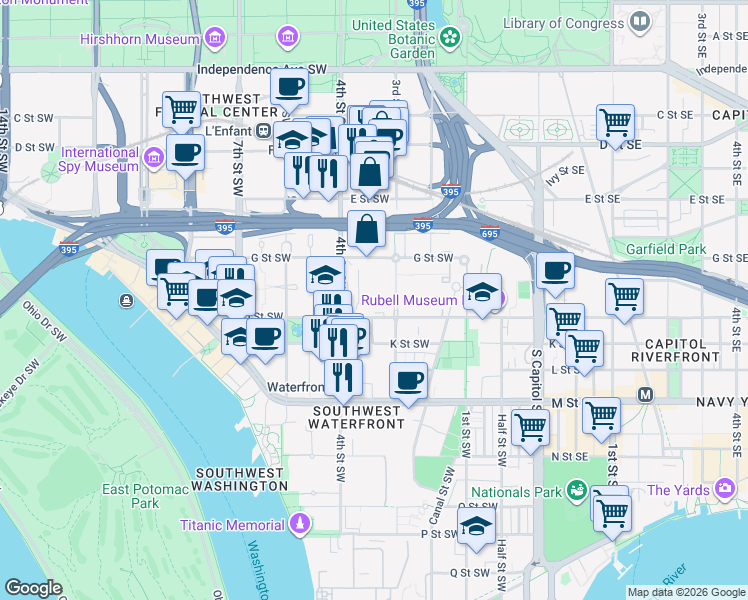 map of restaurants, bars, coffee shops, grocery stores, and more near 101 Independence Avenue Southeast in Washington