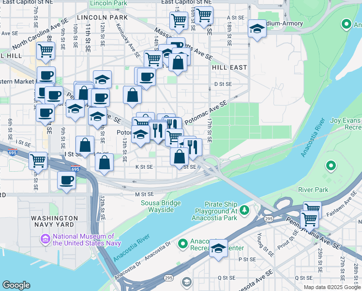 map of restaurants, bars, coffee shops, grocery stores, and more near 101 Independence Avenue Southeast in Washington