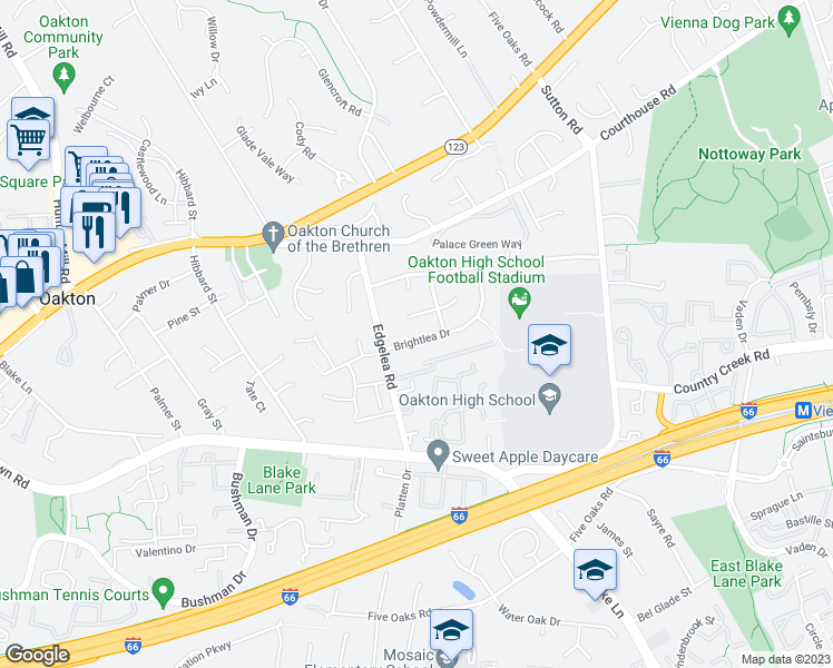 map of restaurants, bars, coffee shops, grocery stores, and more near 9906 Brightlea Drive in Vienna