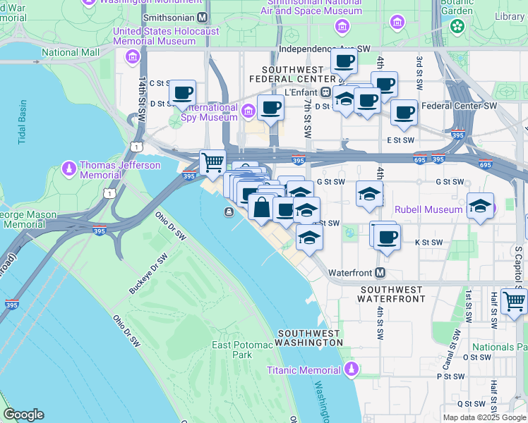 map of restaurants, bars, coffee shops, grocery stores, and more near 800 Maine Avenue Southwest in Washington